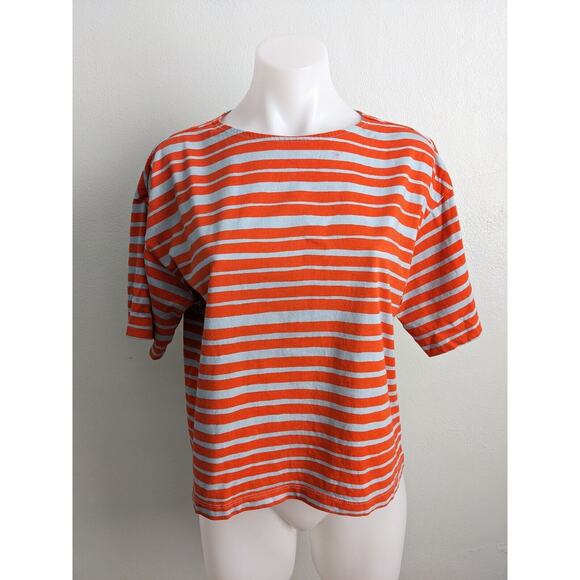 Marimekko Uniqlo Sz Small Crew Neck Tee T Shirt Orange Blue Stripe Half Sleeves - Picture 6 of 16